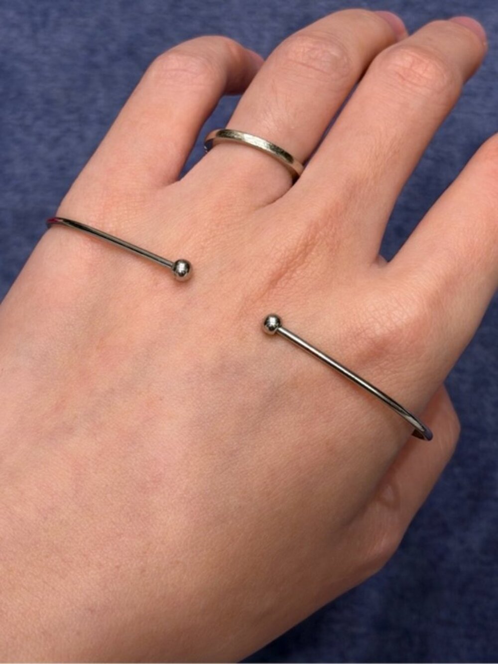 Silver Ball End Cuff Bangle and Band Ring Set